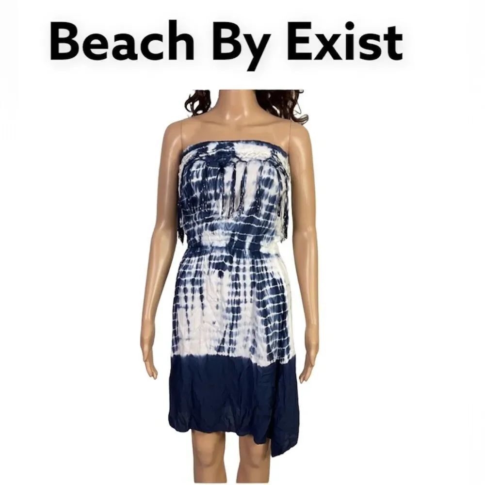 Beach By Exist Navy Blue White Tie Dye Boho Strapless Mini Swim Cover Up M